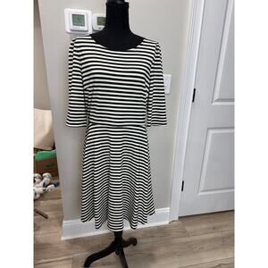 Pixley Kathy Dress Black & Cream Stripes Stretch A-Line Fit & Flare V-Back Large